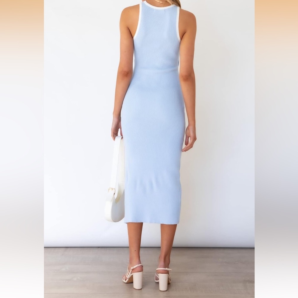 Santorini Blue Cutout Crew Neck Sleeveless Tank Slit Ribbed Bodycon Midi Dress - Picture 4 of 7